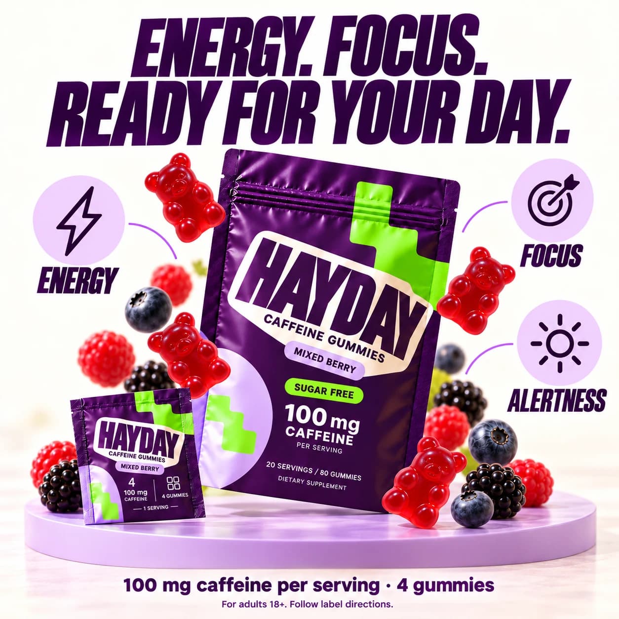 HAYDAY pouch and sachet with Mixed Berry gummies. 100 mg caffeine per serving, 4 gummies. For adults 18+.