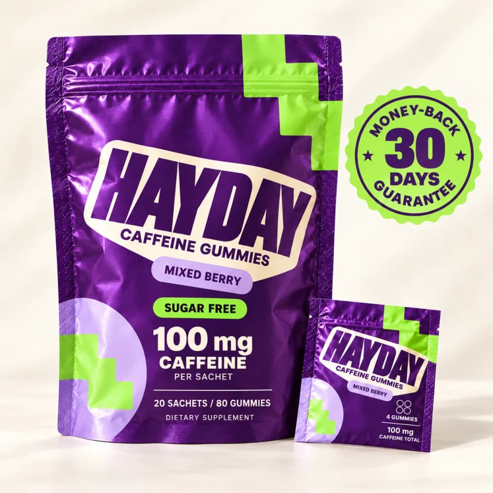HAYDAY Caffeine Gummies Mixed Berry pouch and a sachet with a 30-day money-back guarantee seal